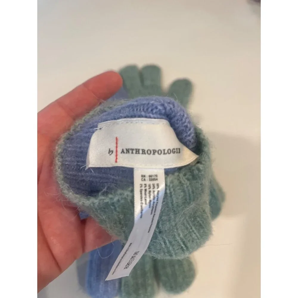Anthropologie Two-Tone Ribbed Knit Gloves In Green & Blue Soft Wool Blend Womens